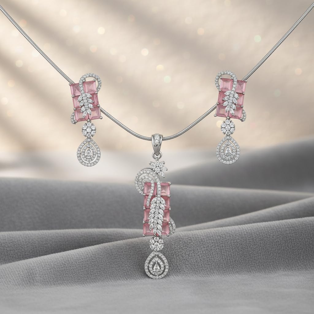 1380-PRETTY PRECIOUS Rodhium-Plated American Diamond Pendant Set with Earrings for Women and Girls, with Chain-Pink