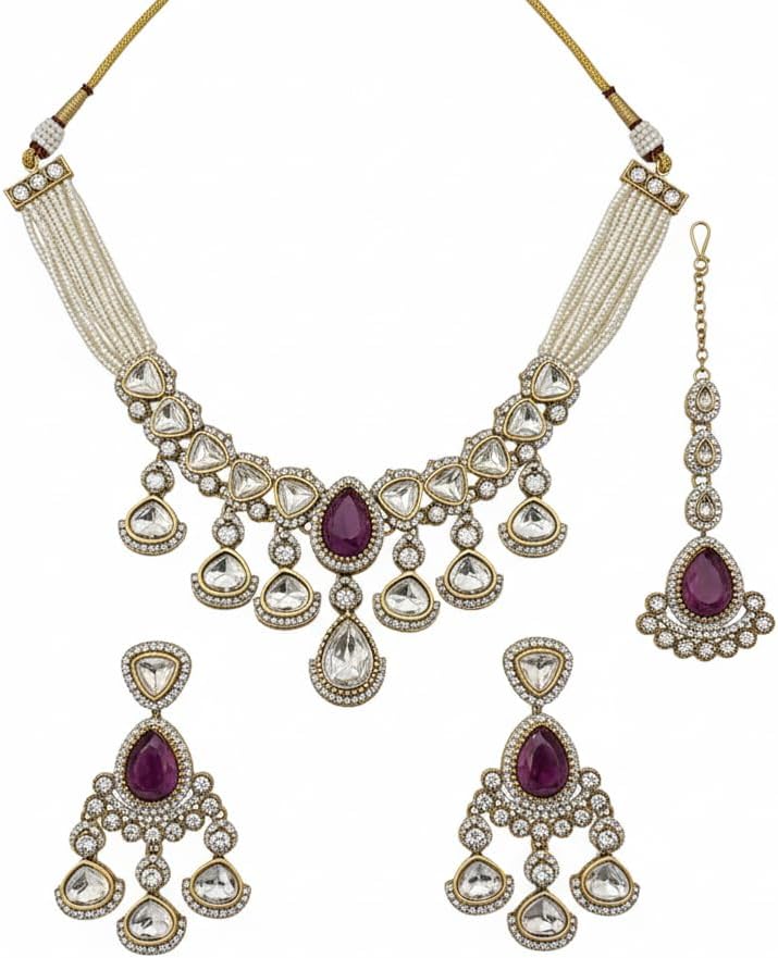 112795-Pretty Precious Kundan Necklace Set with Maang Tikka and Earrings for Women & Girls | Gold Plated Traditional Bridal Jewellery Set | Wedding, Festive & Party Wear-Purple Stone