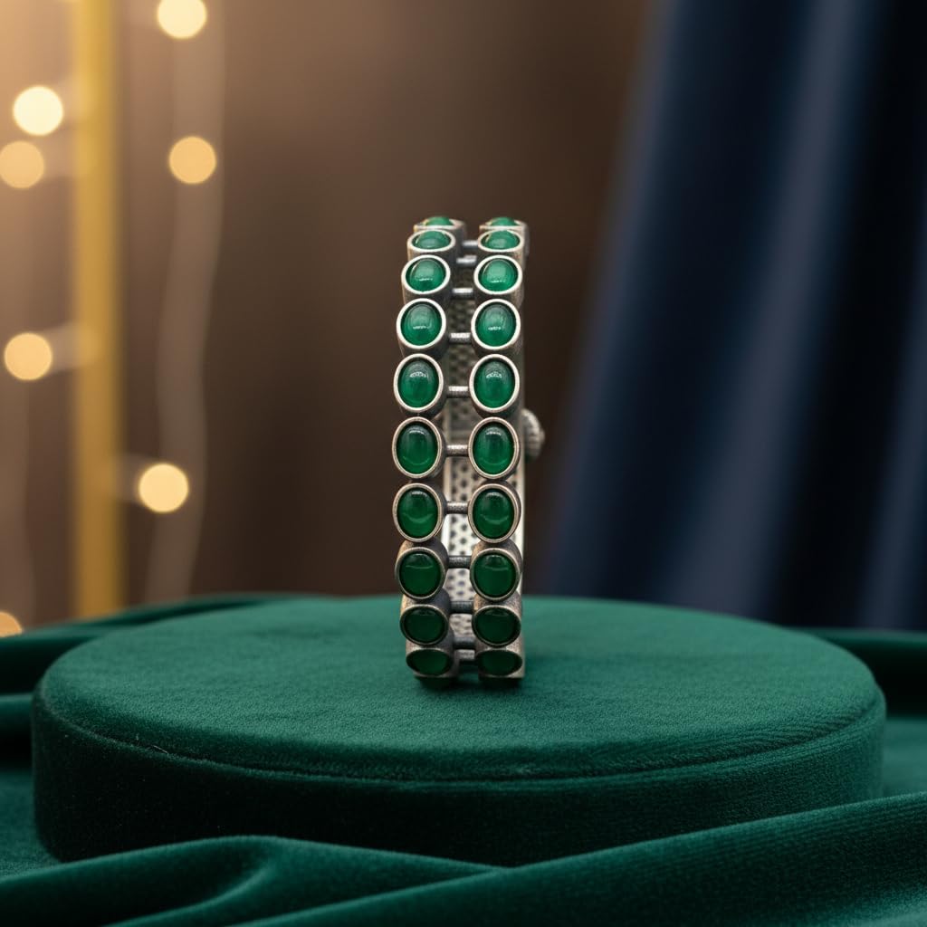 1502-Pretty Precious Oxidised Silver Look Screw Openable Kada Bracelet for Women & Girls | Ethnic & Party Wear Jewellery-Green