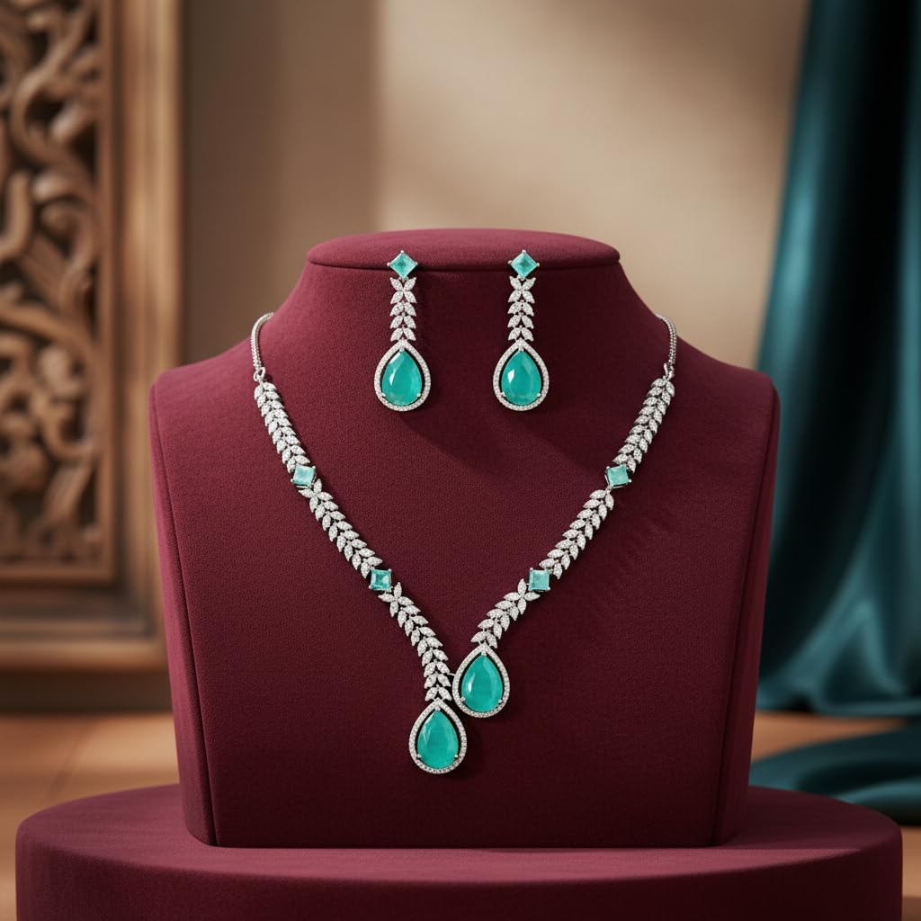 435007-Pretty Precious American Diamond Rhodium Plated Necklace and Earrings Set for Women & Girls | Mint Teardrop Stone | Elegant Wedding, Party & Bridal Jewellery | Statement AD Necklace Set-Mint