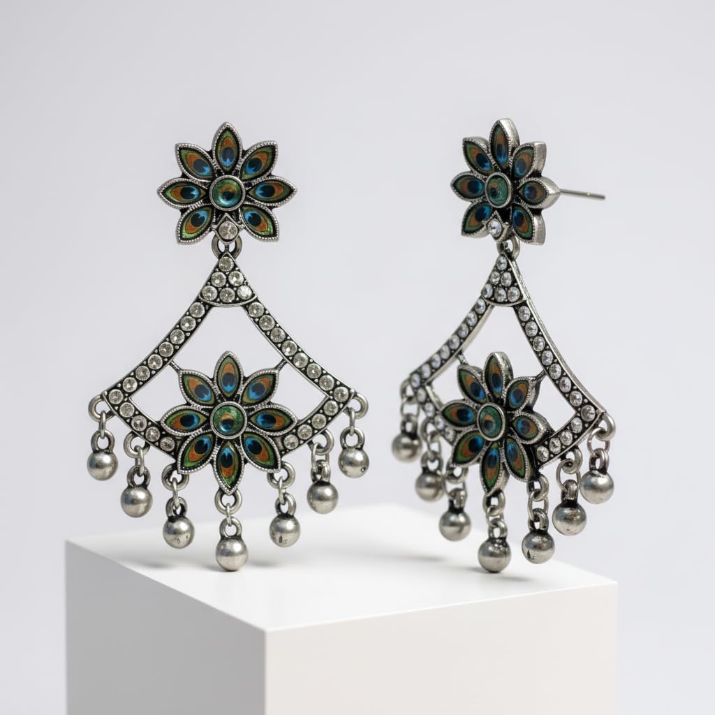 1344-Pretty Precious Oxidised Silver Earrings for Women, Party Wear Dangle Earrings with Cubic Zirconia Stones, Silver Plating-Peacock Design