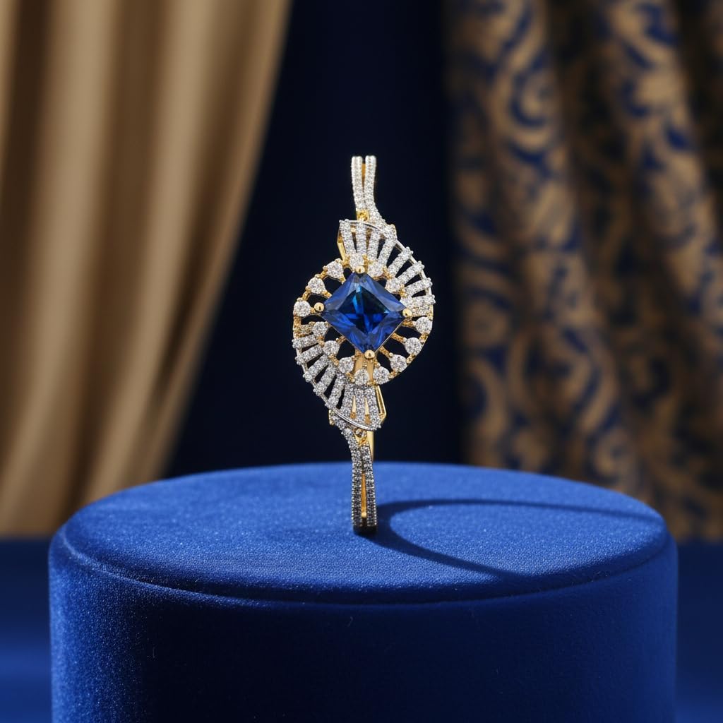 1413-Pretty Precious American Diamond Openable Kada Bracelet for Women, Gold & Silver Plating, Cubic Zirconia, One Size, Party & Wedding-Blue