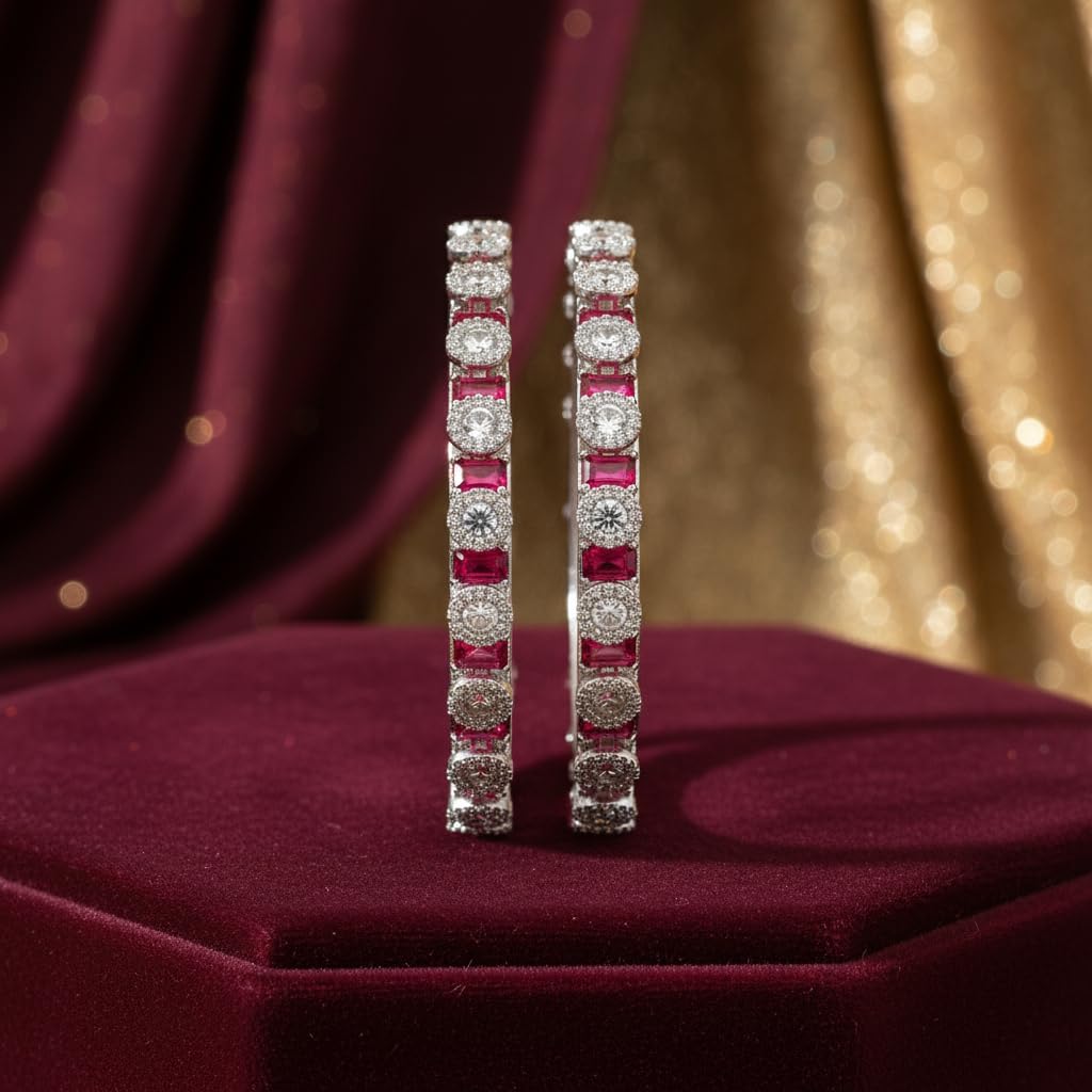 1466-Pretty Precious Rodhium-Plated Cubic Zirconia/American Diamond Traditional Bangles/Bracelet Set of 2 for Women and Girls -White (Size 2.6)