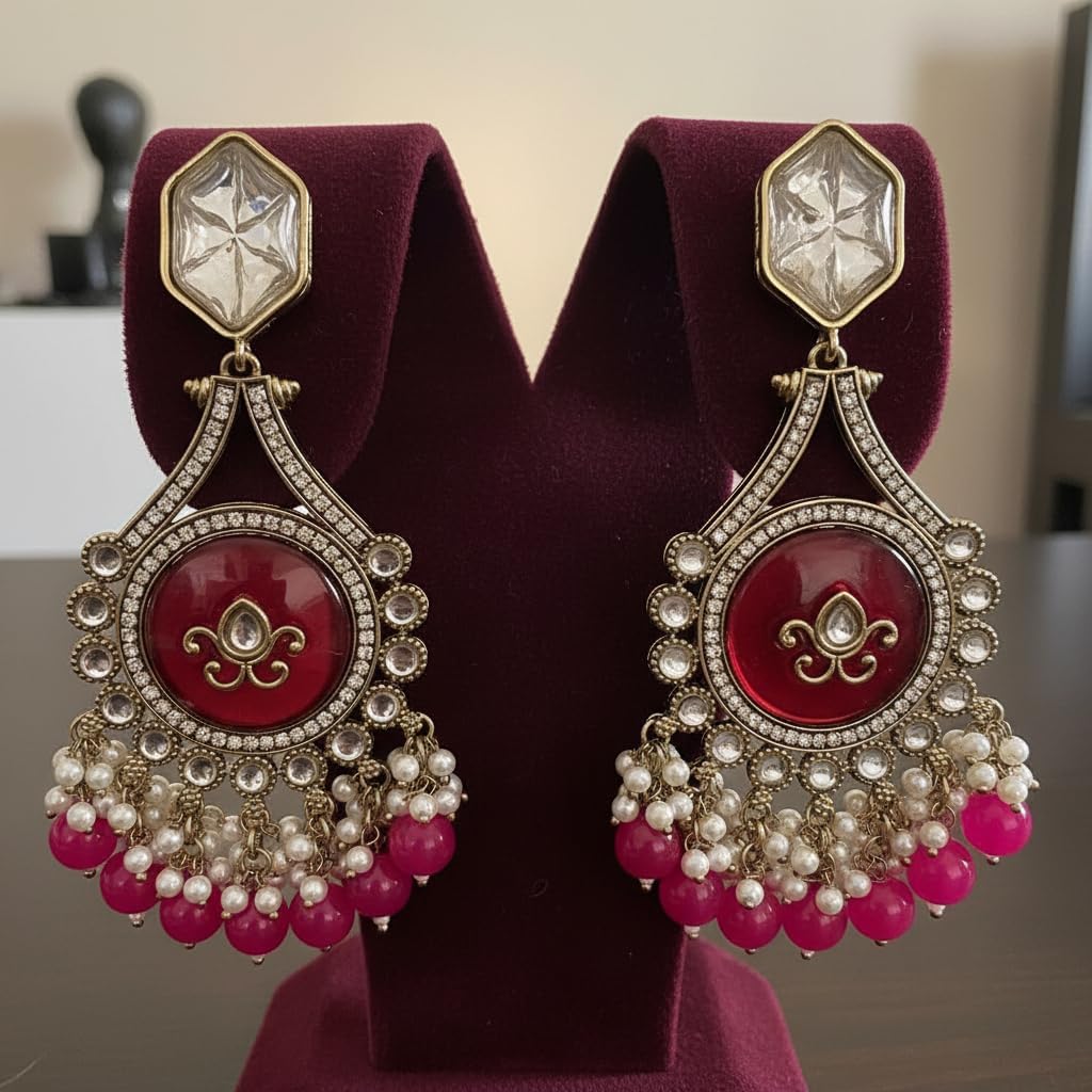 112596-Pretty Precious Traditional Kundan Earring Stylish Party Wear Earrings for Women and Girls-Mehndi Plating-Purple Colour