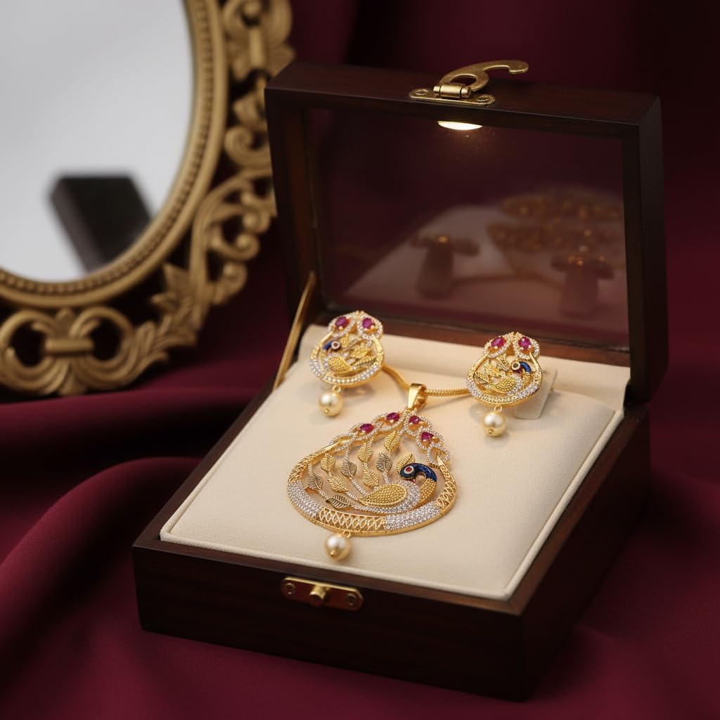 1391-Pretty Precious AD Two Tone Pendant Set for Women | American Diamond Pendant with Earrings & Chain | Elegant Party, Wedding & Daily Wear Jewellery-Ruby