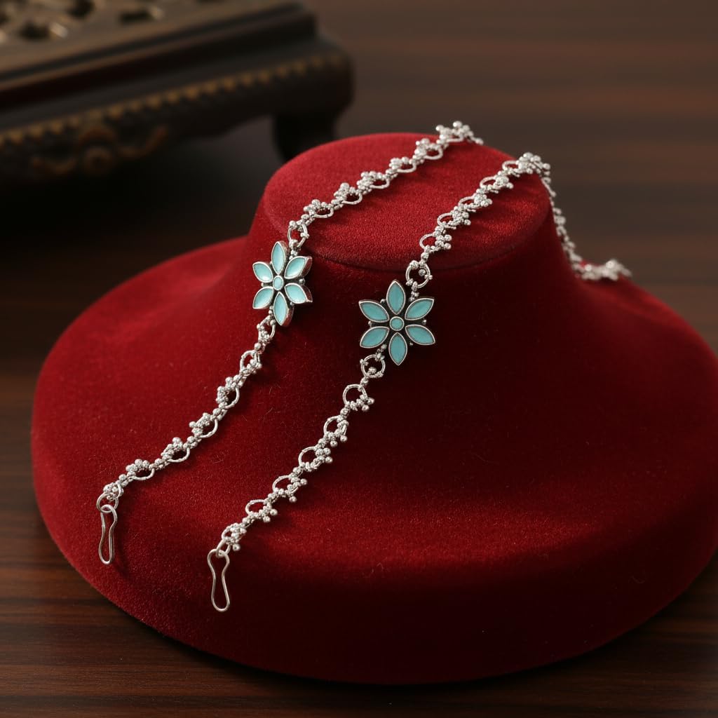 1515-Pretty Precious Oxidised Silver Anklet with Stone Embellishments, Twisted Chain Design, Decorative Clasp-Aqua Colour