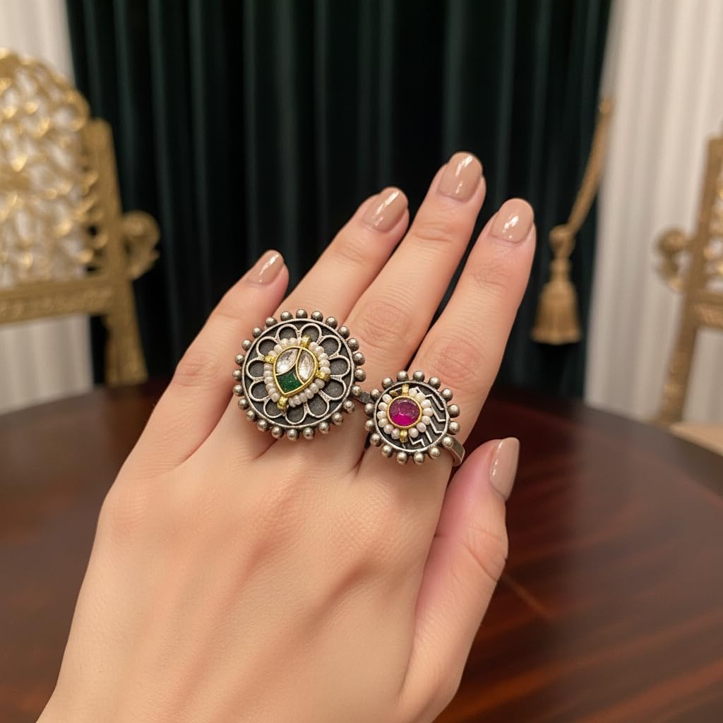 1542-Pretty Precious Dual Floral Ring, Oxidized Silver with Gold Accents, Green and Pink Stones, Pearl Detailing, Traditional Indian Design