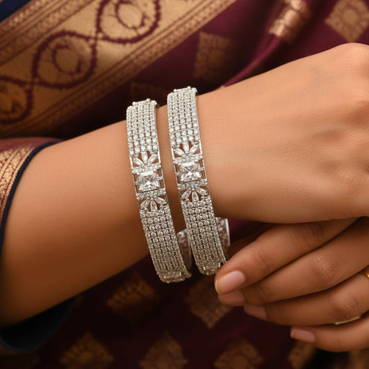 1459-Pretty Precious Rodhium-Plated Cubic Zirconia/American Diamond Traditional Bangles/Bracelet Set of 2 for Women and Girls -White (Size 2.6)