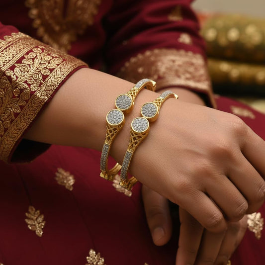 1478-Pretty Precious Two Tone Cubic Zirconia/American Diamond Traditional Bangles/Bracelet Set of 2 for Women and Girls- (Size 2.6)