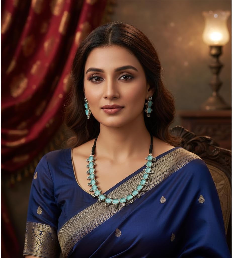 804793-Pretty Precious Latest Stylish Traditional Oxidised Silver Necklace Jewellery Set for Women | Antique Finish Ethnic Necklace with Matching Earrings | Festive & Party Wear-Aqua Colour