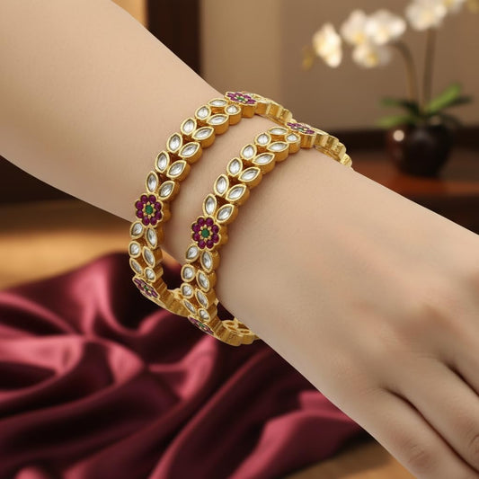 1486-Pretty Precious Gold Plated Cubic Zirconia/American Diamond Traditional Bangles/Bracelet Set of 2 for Women and Girls- Ruby Green (Size 2.4)