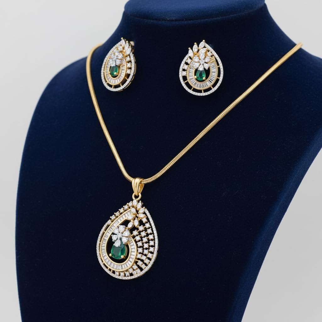 1386-Pretty Precious AD Two Tone Pendant Set for Women | American Diamond Pendant with Earrings & Chain | Elegant Party, Wedding & Daily Wear Jewellery-Green