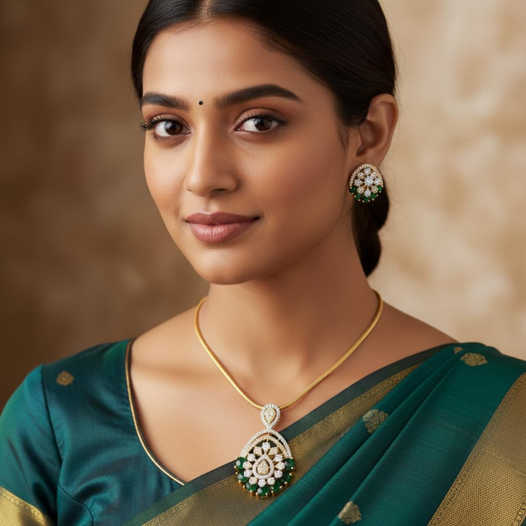 1397-Pretty Precious AD Two Tone Pendant Set for Women | American Diamond Pendant with Earrings & Chain | Elegant Party, Wedding & Daily Wear Jewellery-Green