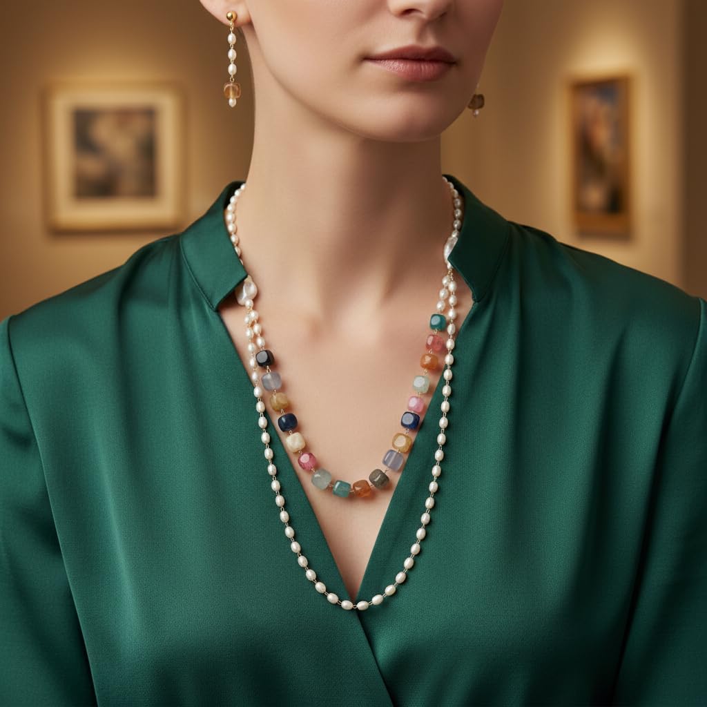 704910-Pretty Precious Layered Pearl Necklace with Multicolour Beads, Double Strand, Baroque Pearls, Matching Earrings Set