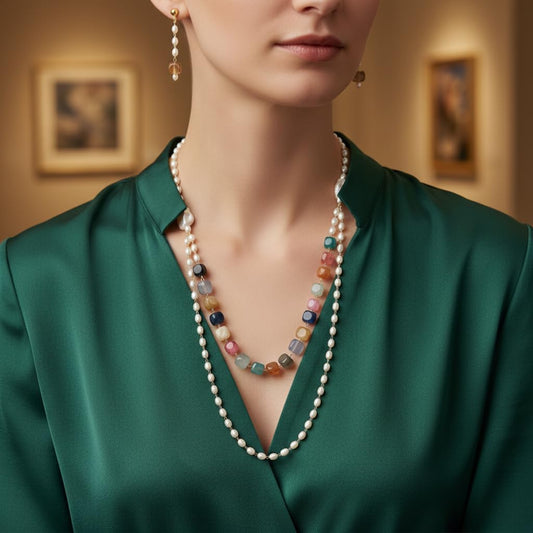 704910-Pretty Precious Layered Pearl Necklace with Multicolour Beads, Double Strand, Baroque Pearls, Matching Earrings Set