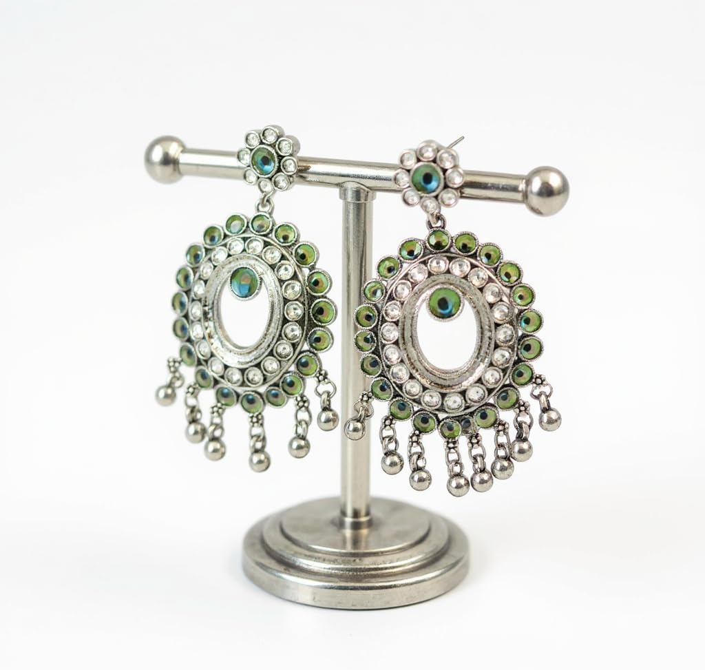 1343-(Design-2)-Pretty Precious Oxidised Silver Peacock Chandbali Earrings for Women, Party Wear Dangle Earrings with Cubic Zirconia Stones, Silver Plating