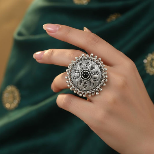 808441-Pretty Precious Oxidised Adjustable Finger Ring for Women & Girls | Vintage Traditional Statement Ring | Free Size Fashion Jewellery-Gungroo Design