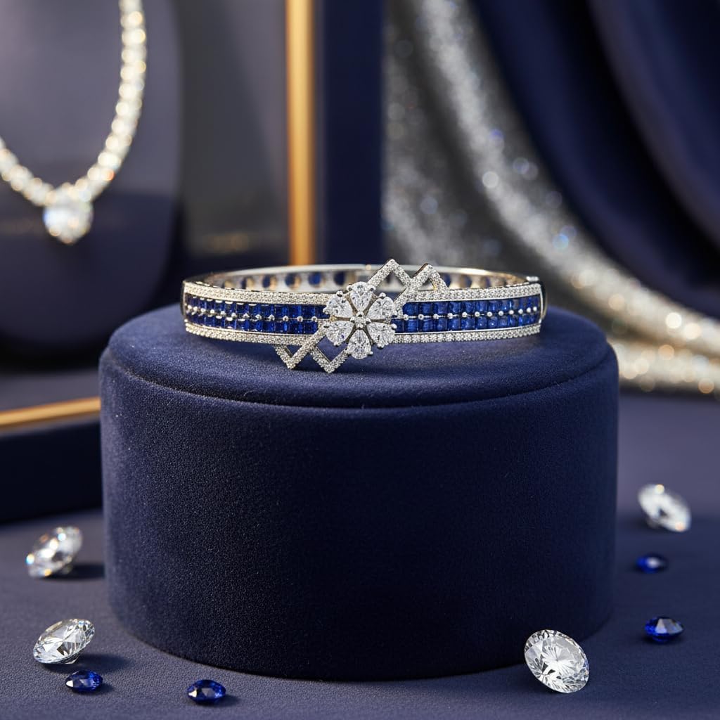 1409-Pretty Precious Rhodium Plated American Diamond Openable Kada Bracelet for Women, Cubic Zirconia, Alloy Steel-Blue