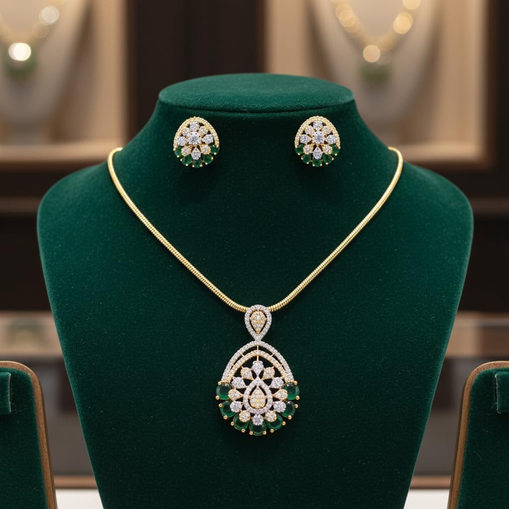 1397-Pretty Precious AD Two Tone Pendant Set for Women | American Diamond Pendant with Earrings & Chain | Elegant Party, Wedding & Daily Wear Jewellery-Green
