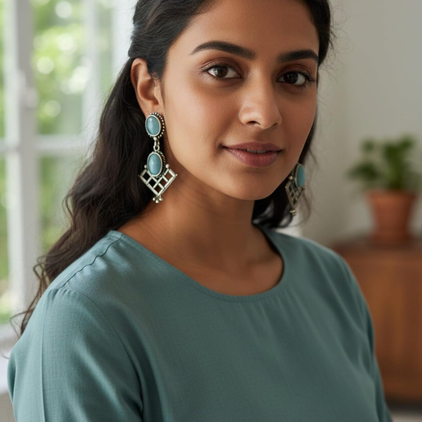 1361-Pretty Precious Oxidised Silver Stylish Party Wear Earrings for Women and Girls-Aqua Colour