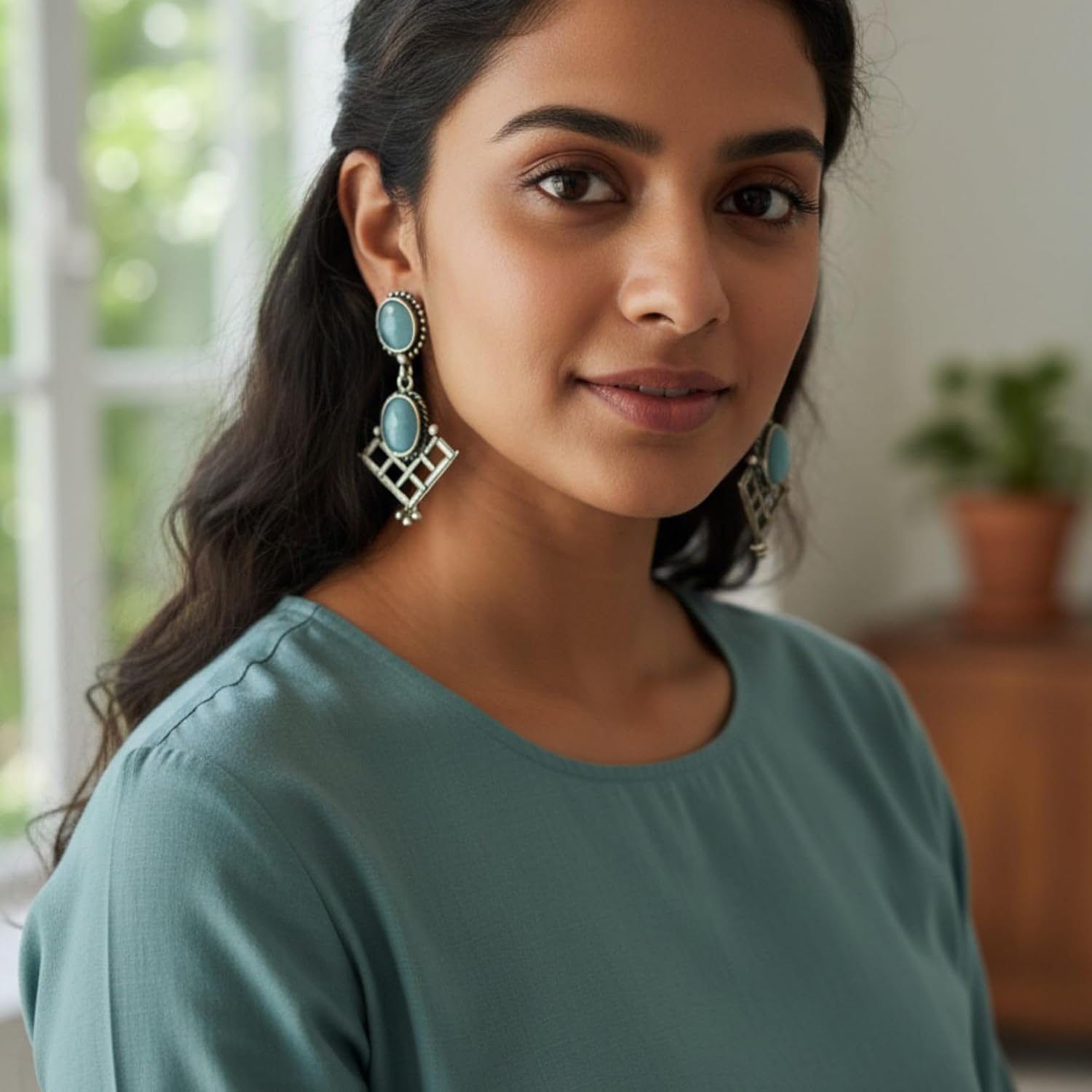 1361-Pretty Precious Oxidised Silver Stylish Party Wear Earrings for Women and Girls-Aqua Colour