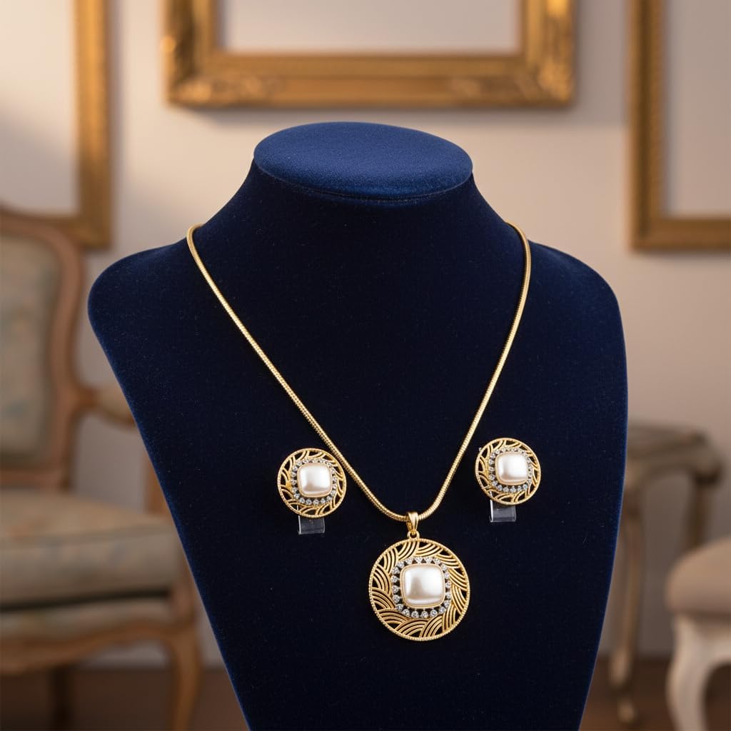 1389-Pretty Precious AD Two Tone Pendant Set for Women | American Diamond Pendant with Earrings & Chain | Elegant Party, Wedding & Daily Wear Jewellery-Pearl (Moti)