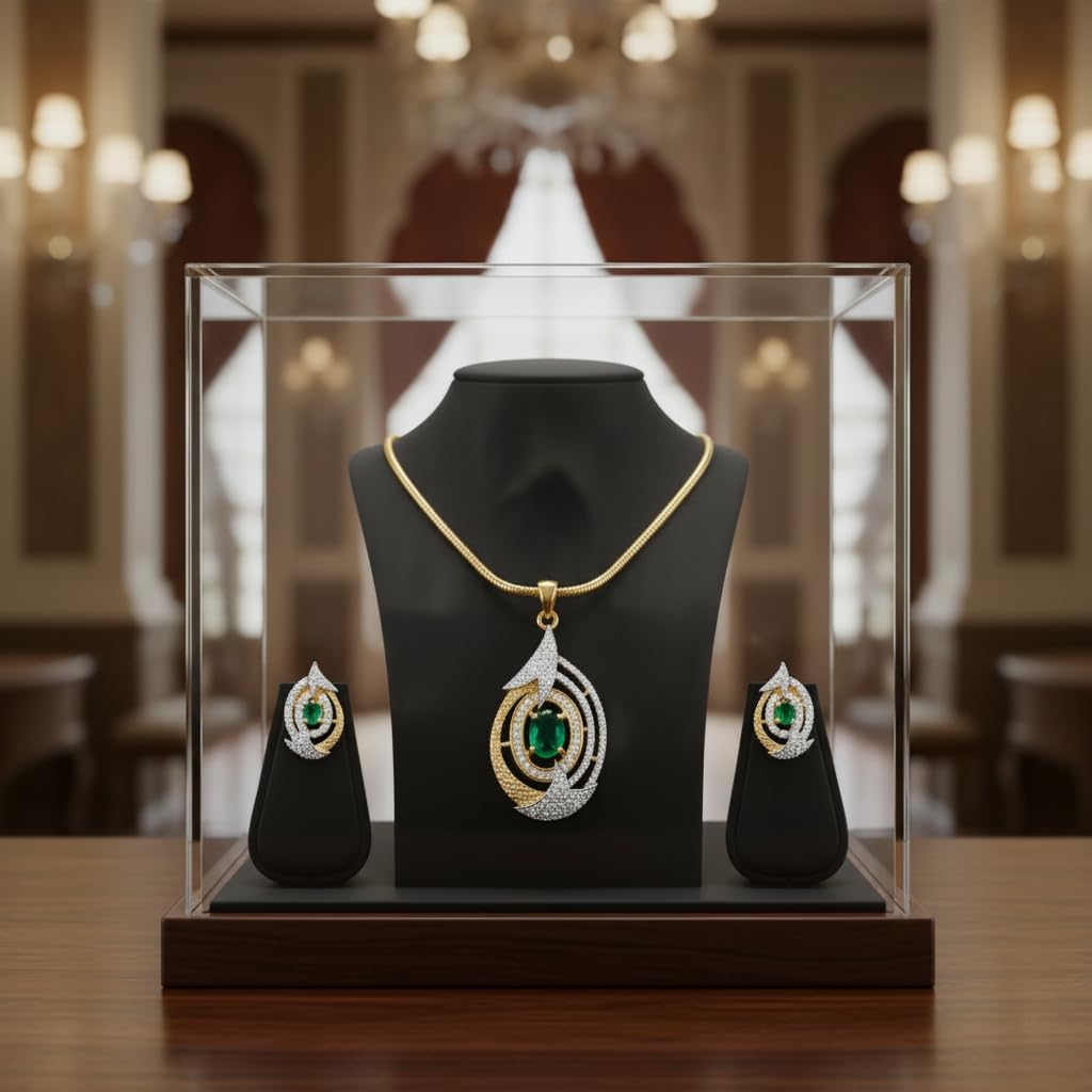 1394-Pretty Precious AD Two Tone Pendant Set for Women | American Diamond Pendant with Earrings & Chain | Elegant Party, Wedding & Daily Wear Jewellery-Green