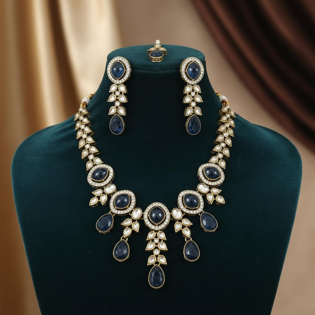 112503-Pretty Precious Kundan Necklace Set with Maang Tikka and Earrings for Women & Girls | Gold Plated Traditional Bridal Jewellery Set | Wedding, Festive & Party Wear-Blue Colour