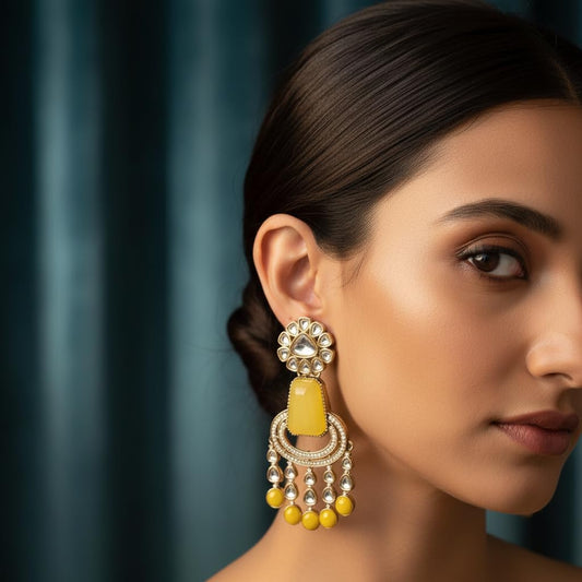 112467-Pretty Precious Traditional Kundan Earring Stylish Party Wear Earrings for Women and Girls-Mehndi Plating-Yellow