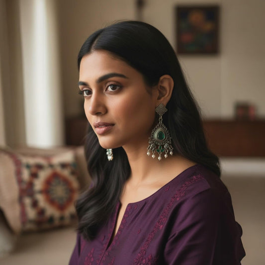 1359-Pretty Precious Oxidised Silver Stylish Party Wear Earrings for Women and Girls-Green Colour