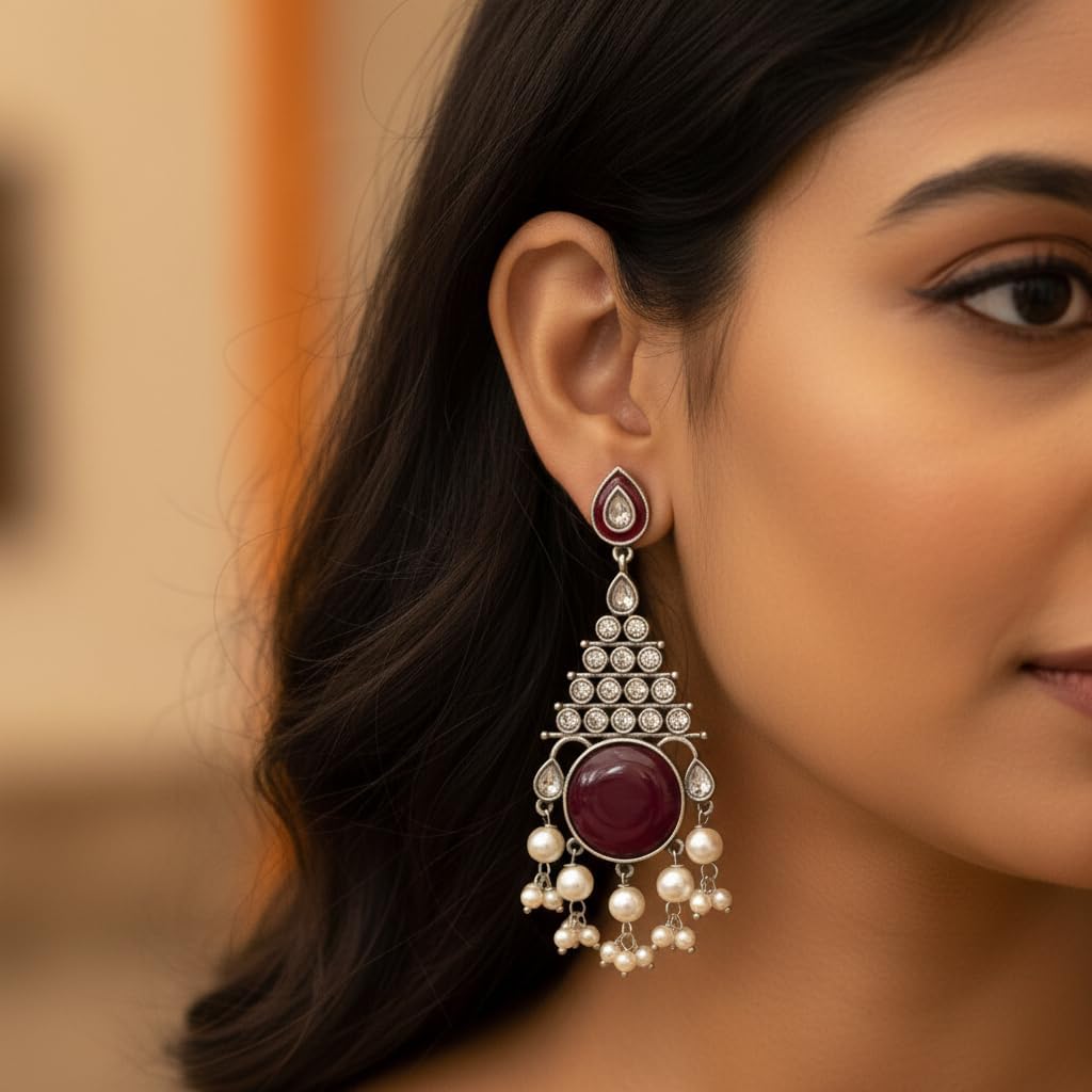 1377-Pretty Precious Oxidised Silver Stylish Party Wear Earrings for Women and Girls-Ruby Colour