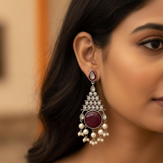 1377-Pretty Precious Oxidised Silver Stylish Party Wear Earrings for Women and Girls-Ruby Colour