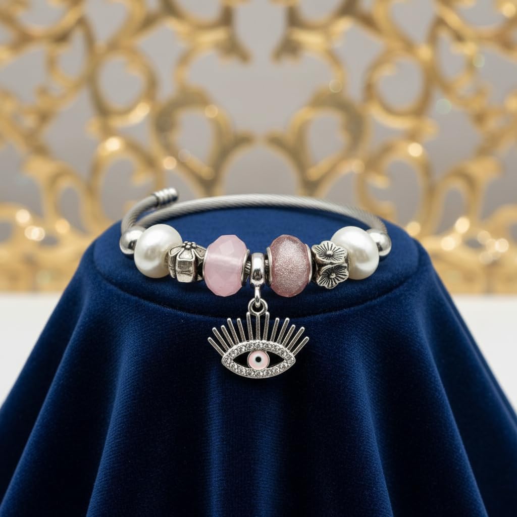 1436-Pretty Precious Silver Cable Charm Bracelet with Beads, Twisted Wire Bangle with Heart Lock, Clover, Butterfly, Pearl Charms