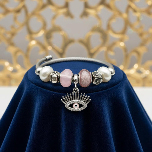 1436-Pretty Precious Silver Cable Charm Bracelet with Beads, Twisted Wire Bangle with Heart Lock, Clover, Butterfly, Pearl Charms