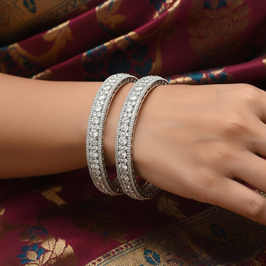 1462-Pretty Precious Rodhium-Plated Cubic Zirconia/American Diamond Traditional Bangles/Bracelet Set of 2 for Women and Girls -White (Size 2.4)-Openable