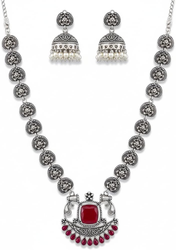 810280-Pretty Precious Latest Stylish Traditional Oxidised Silver Necklace Jewellery Set for Women | Antique Finish Ethnic Necklace with Matching Earrings | Festive & Party Wear-Ruby Colour