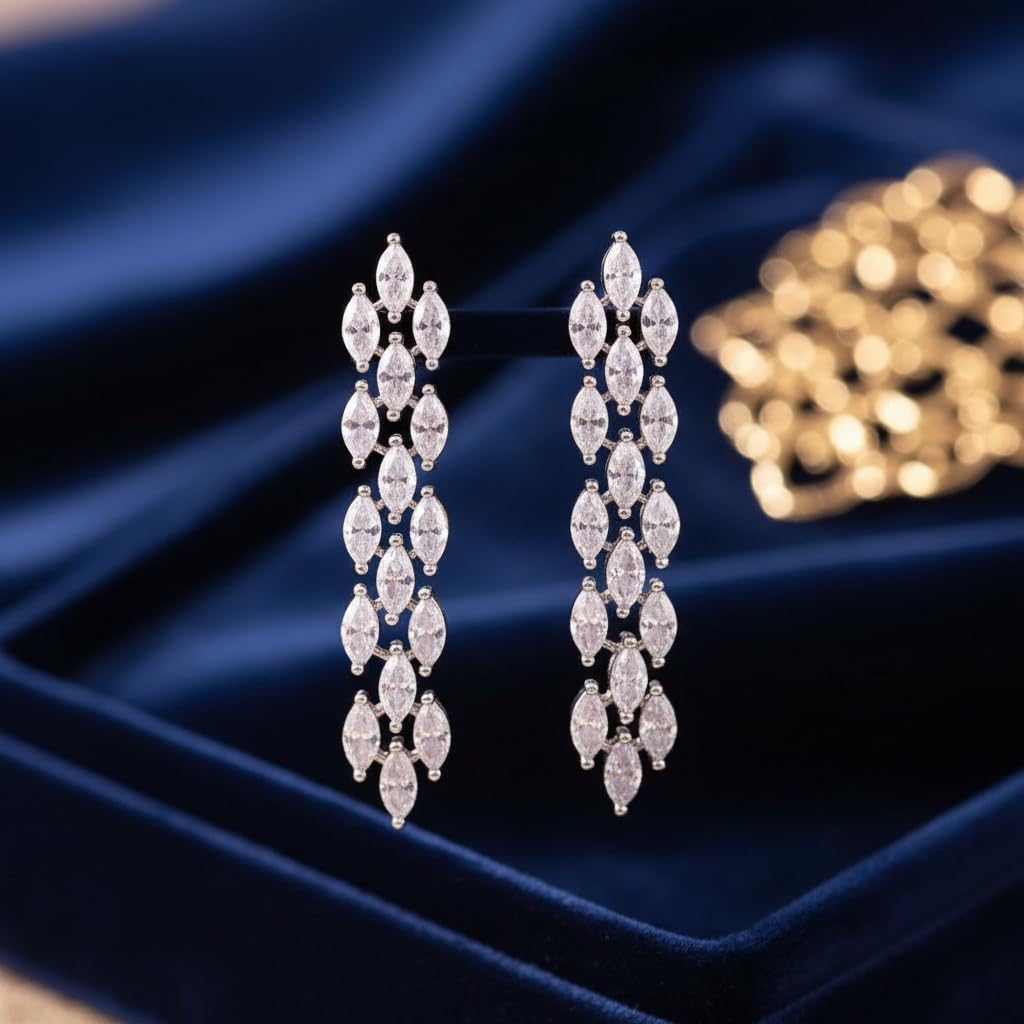 443206-Pretty Precious Rhodium Plated American Diamond Earrings for Women & Girls | AD Stud Earrings | Sparkling Cubic Zirconia Jewellery | Elegant Party & Daily Wear-White