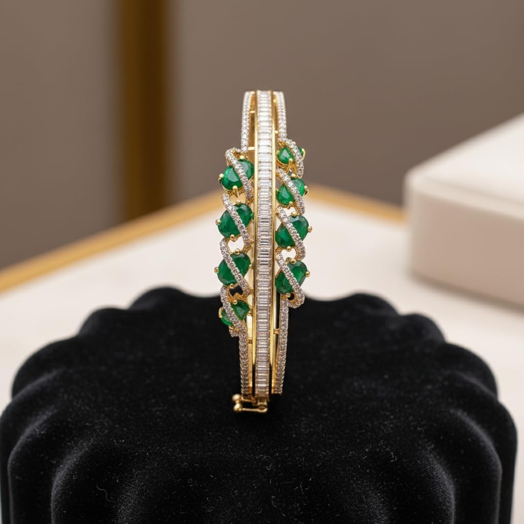 1428-Pretty Precious American Diamond Openable Kada Bracelet for Women, Gold & Silver Plating, Cubic Zirconia, One Size, Party & Wedding-Green