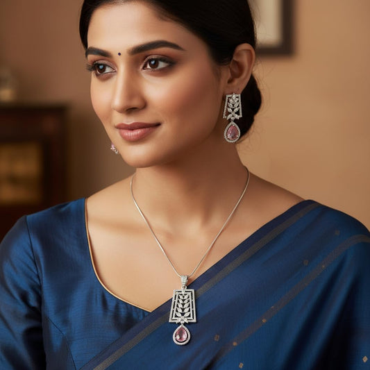 1383-PRETTY PRECIOUS Rodhium-Plated American Diamond Pendant Set with Earrings for Women and Girls, with Chain-Pink
