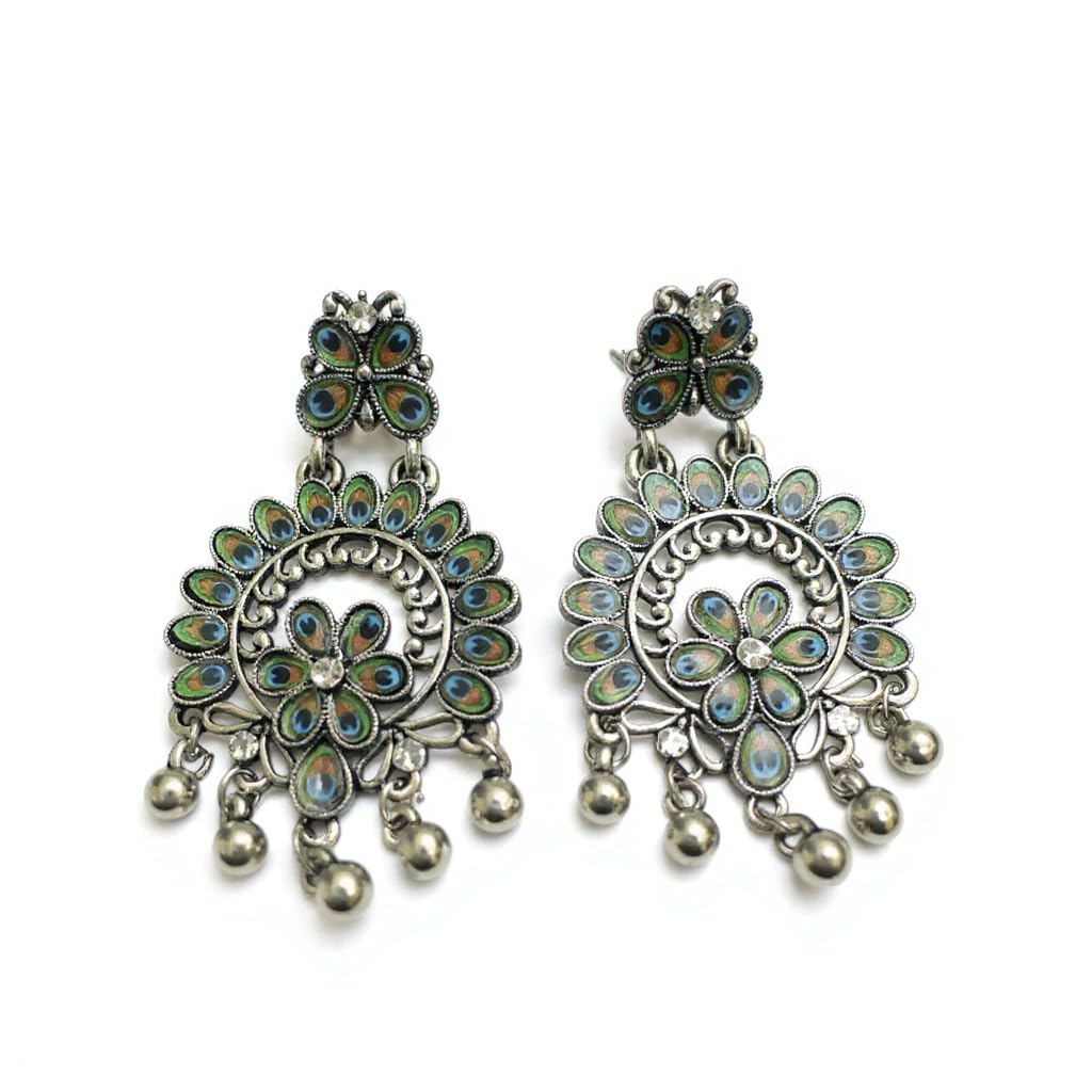 1344-Pretty Precious Oxidised Silver Earrings for Women, Party Wear Dangle Earrings with Cubic Zirconia Stones, Silver Plating-Peacock Design