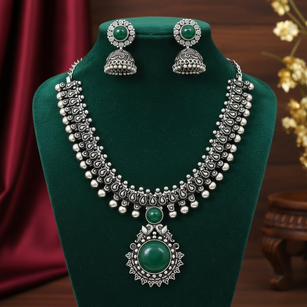 1562-Pretty Precious Latest Stylish Traditional Oxidised Silver Necklace Jewellery Set for Women | Antique Finish Ethnic Necklace with Matching Earrings | Festive & Party Wear-Green Colour