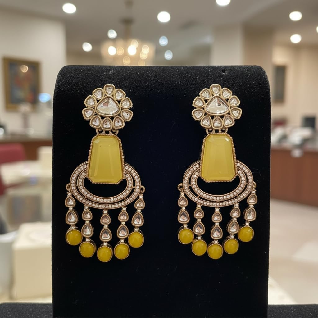 112467-Pretty Precious Traditional Kundan Earring Stylish Party Wear Earrings for Women and Girls-Mehndi Plating-Yellow