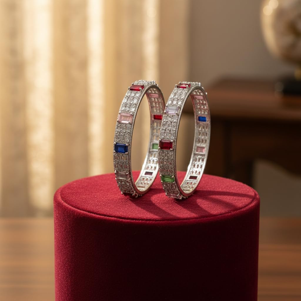 1461-Pretty Precious Rodhium-Plated Cubic Zirconia/American Diamond Traditional Bangles/Bracelet Set of 2 for Women and Girls -Multicolour (Size 2.4)