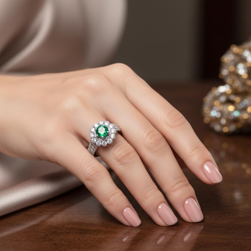 443308-Pretty Precious American Diamond Finger Ring for Women & Girls | Rhodium Plated AD Ring | Adjustable Elegant Party, Wedding & Daily Wear Jewellery-Green