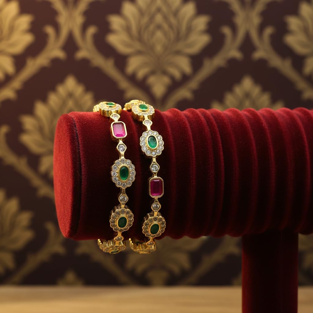 1488-Pretty Precious Gold Plated Cubic Zirconia/American Diamond Traditional Bangles/Bracelet Set of 2 for Women and Girls- Ruby Green (Size 2.4)