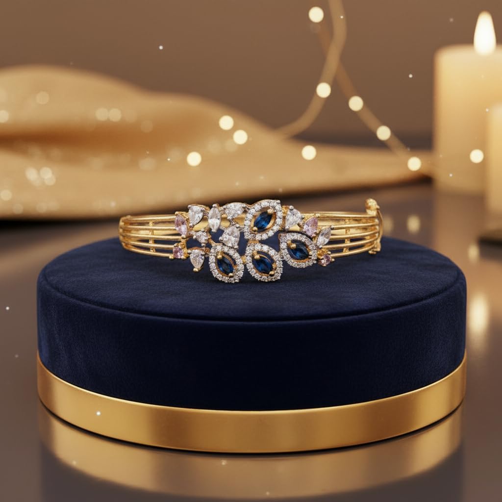 1430-Pretty Precious American Diamond Openable Kada Bracelet for Women, Gold & Silver Plating, Cubic Zirconia, One Size, Party & Wedding-Blue