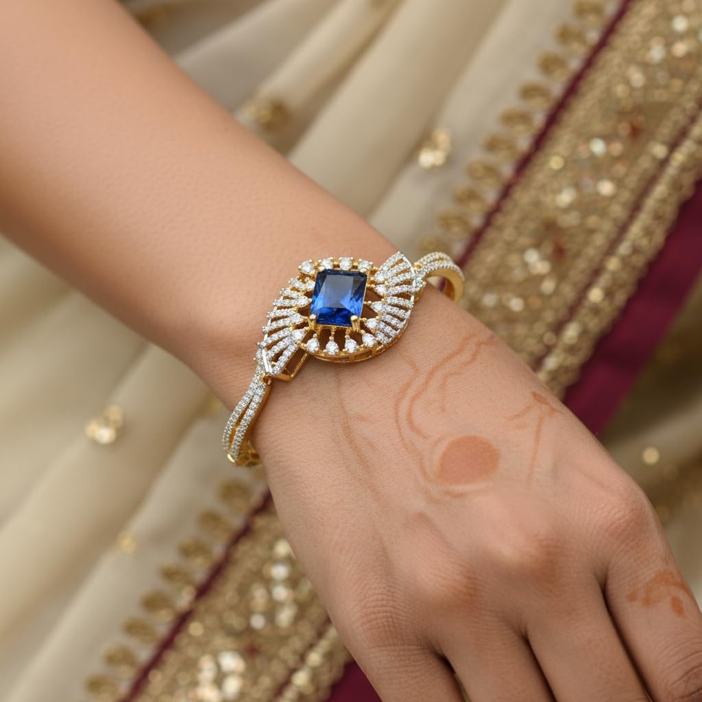 1413-Pretty Precious American Diamond Openable Kada Bracelet for Women, Gold & Silver Plating, Cubic Zirconia, One Size, Party & Wedding-Blue