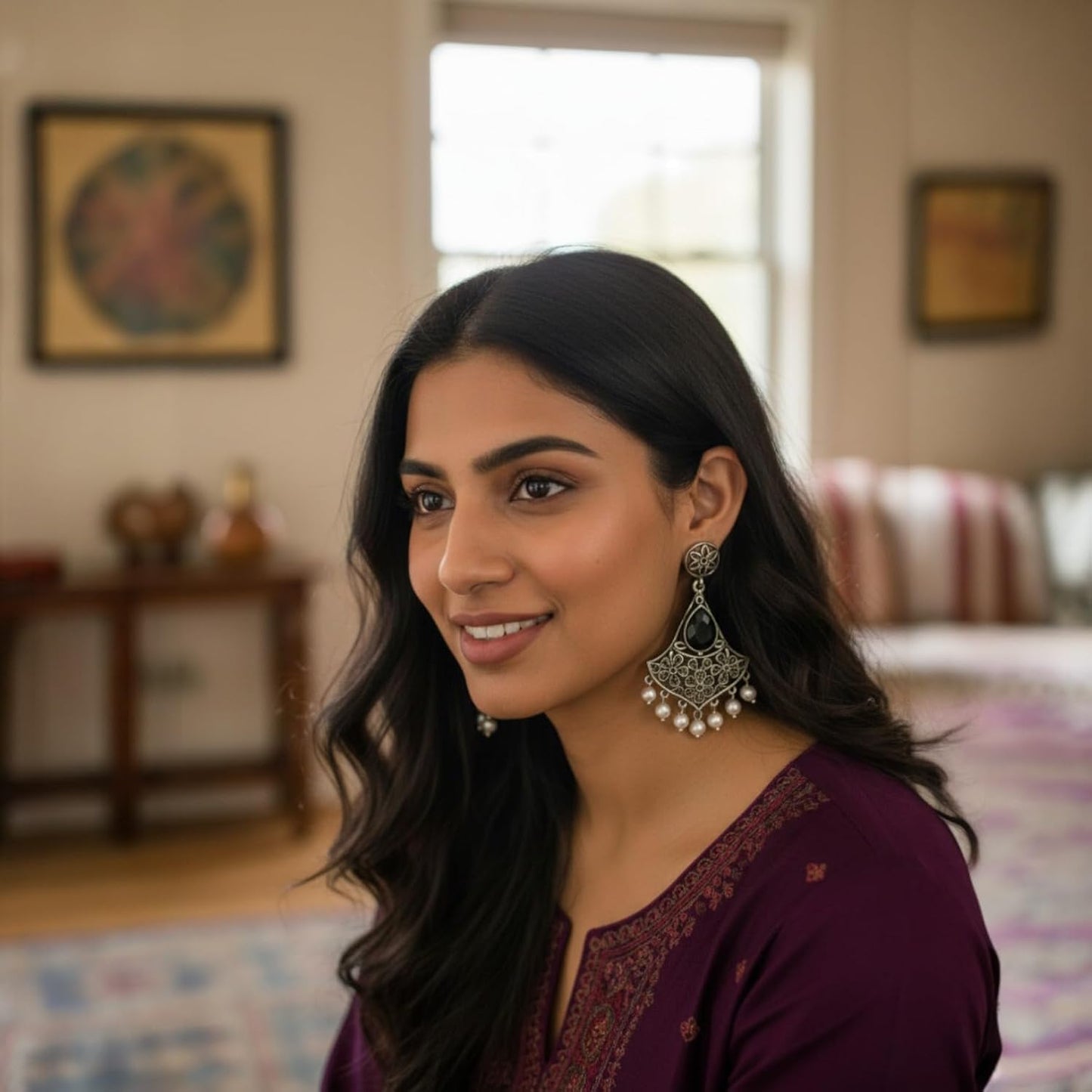 1360-Pretty Precious Oxidised Earrings for Women, Party Wear, Office Wear-Black Stone