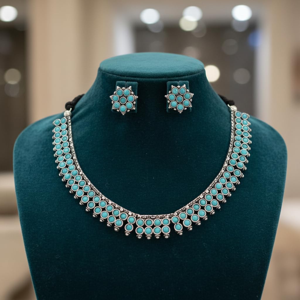 BC02579-Pretty Precious Latest Stylish Traditional Oxidised Silver Necklace Jewellery Set for Women | Antique Finish Ethnic Necklace with Matching Earrings | Festive & Party Wear-Aqua Colour