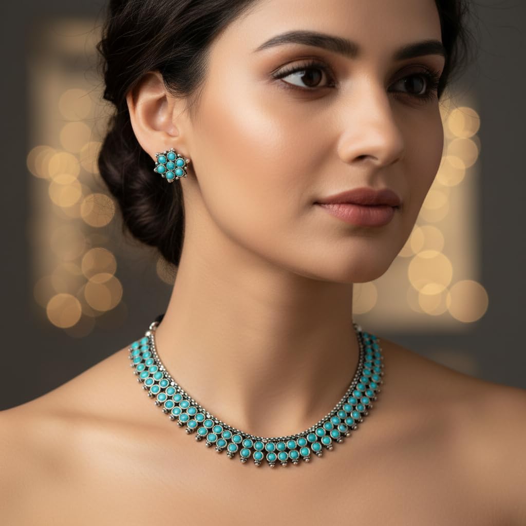 BC02579-Pretty Precious Latest Stylish Traditional Oxidised Silver Necklace Jewellery Set for Women | Antique Finish Ethnic Necklace with Matching Earrings | Festive & Party Wear-Aqua Colour